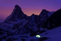 Close-up scenic view on snowy Matterhorn peak in night, Matterhorn Peak, Zermatt, Switzerland A charming frosty starry night.