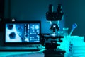 Close-up of scientific microscope. Laboratory in hospital. Epidemic disease, healthcare, vaccine research and