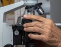 Close-up of scientist adjusting microscope in laboratory setting Royalty Free Stock Photo