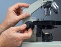 Close-up of Scientist Adjusting Microscope in Laboratory Setting Royalty Free Stock Photo