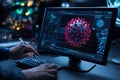Close-up of a scientist analyzing a 3D model of a virus on a computer screen in a modern lab environment