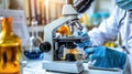 close-up of scientist hands with microscope, examining samples and liquid Royalty Free Stock Photo