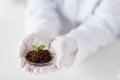 Close up of scientist hands with plant and soil Royalty Free Stock Photo