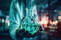 Close up of scientist holding flask with green liquid in laboratory. Mixed media, hand of scientist holding flask with lab