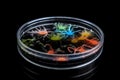 close-up of scientist mixing ingredients to create new drug, with beakers and test tubes in the background