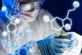 Close up of scientist with plant and soil in lab Royalty Free Stock Photo