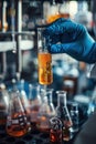 Close-up of a scientist& x27;s gloved hand holding a test tube Royalty Free Stock Photo