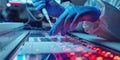 A close-up of a scientist's hands handling a DNA sequencing machine