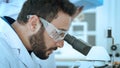 Close up scientist use microscope in the lab. Biotechnology researcher scientist working look microscope in the medical Royalty Free Stock Photo