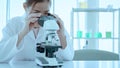 Close up scientist use microscope in the lab. Biotechnology researcher scientist working look microscope in the medical Royalty Free Stock Photo