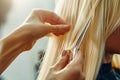 Close-up of scissors cut of blonde woman hair in beauty salon Royalty Free Stock Photo