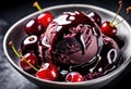 A close-up of a scoop of black cherry ice cream with fresh cherries on top.