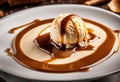 A close-up of a scoop of caramel swirl ice cream with caramel sauce on top.