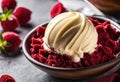 A close-up of a scoop of red velvet ice cream with cream cheese frosting on top.