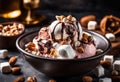 A close-up of a scoop of rocky road ice cream with marshmallows and nuts on top.