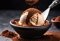 A close-up of a scoop of tiramisu ice cream with cocoa powder on top.