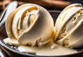 A close-up of a scoop of vanilla bean ice cream with vanilla beans on top.