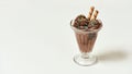 Close up of scoops of tasty chocolate ice cream sprinkled with sweet grains and wafer sticks in a glass sundae dish Royalty Free Stock Photo