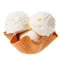 close up of scoops vanilla ice cream in waffle cone bowl isolated on white Royalty Free Stock Photo