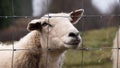 A close up of a Scottish female sheep looking through a wire fence in winter Royalty Free Stock Photo