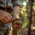 Close-up of a scout& x27;s hands tying a knot in the wilderness