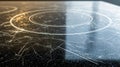 Close-up of a scratched smooth black surface with circular white lines and light reflection showcasing wear and texture on a Royalty Free Stock Photo