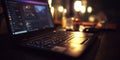 Close-up of the screen on an open laptop wity AI interface. The out-of-focus background is dark with ambient lighting, and Royalty Free Stock Photo