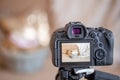 Close up of the screen of a professional digital camera on a tripod while shooting a home composition Royalty Free Stock Photo