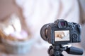 Close up of the screen of a professional digital camera on a tripod while shooting a home composition copy space Royalty Free Stock Photo