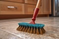 close-up of scrub brush on sudsy floor