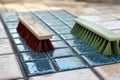close-up of scrubbing brushes on freshly washed tiles Royalty Free Stock Photo