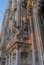 Close up of sculpture that decorating around Duomo di Milano church in the early morning, Milan Italy