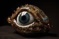 a close up of a sculpture of an eye with spikes on it\'s iris and eyeshade, with a black background behind it