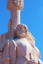 Close up of the sculpture of Juan Rodriguez Cabrillo against a blue sky in San Diego, California