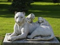 Close up of the sculpture of a lioness with cubs in the garden of Dolmabahce Palace.