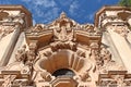 Close up of sculptures above the entrance to the Casa del Prado in Balboa Park, San Diego, California