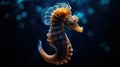 A close up of a sea horse swimming in the water, AI