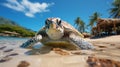 Close Up of A Sea Huge Turtle On The Sandy Beach Blurry Seascape Background Royalty Free Stock Photo