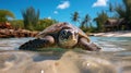 Close Up of A Sea Huge Turtle On The Sandy Beach Blurry Seascape Background Royalty Free Stock Photo
