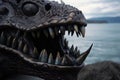 close-up of sea monster's toothless jaws, with view of the open ocean in the background