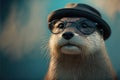 a close up of a sea otter wearing a hat and glasses with a blue background and a sky background with clouds and a blue sky with a