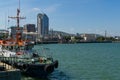 Close-up of Sea Pilot near Western mole in blue water Black Sea . White work boat stands against Novorossiysk city.