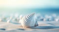 A close up of a sea shell on the beach with sand, AI Royalty Free Stock Photo