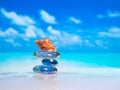 Close-up of sea shell on the beach. Stack of pebble stones and Plumeria at the beach on a wooden surface. Concept Zen, Spa, Summer