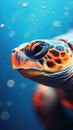 A close up of a sea turtle with bubbles in the background, AI Royalty Free Stock Photo