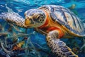 close-up of a sea turtle entangled in plastic waste