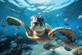 Close-up of a sea turtle gracefully swimming in the crystal-clear water with fishes on background. Generative AI Royalty Free Stock Photo