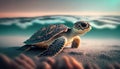 Close up sea turtle lay down on the beach with ocean background, Sea life marine in the morning, with Generative Ai Royalty Free Stock Photo