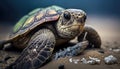 Close up sea turtle lay down on the beach with ocean background, Sea life marine in the morning, with Generative Ai Royalty Free Stock Photo