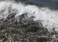 Close up of sea wave with splashes. Front view on beautiful sea wave on sandy beach. Summer sunny day, water background Royalty Free Stock Photo